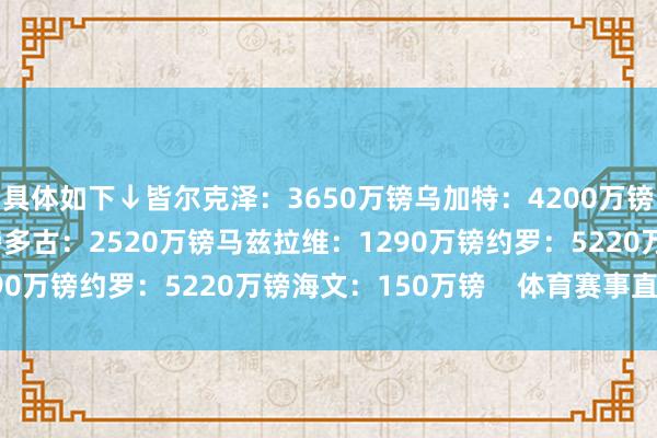 具体如下↓皆尔克泽：3650万镑乌加特：4200万镑德里赫特：4290万镑多古：2520万镑马兹拉维：1290万镑约罗：5220万镑海文：150万镑    体育赛事直播
