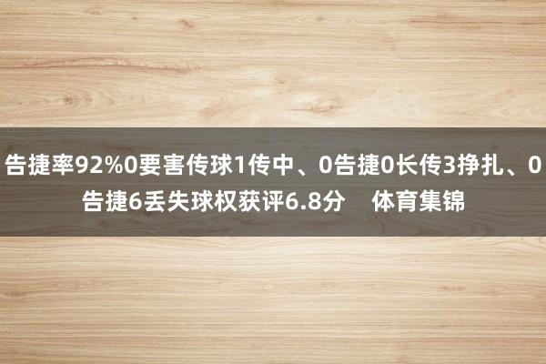 告捷率92%0要害传球1传中、0告捷0长传3挣扎、0告捷6丢失球权获评6.8分    体育集锦